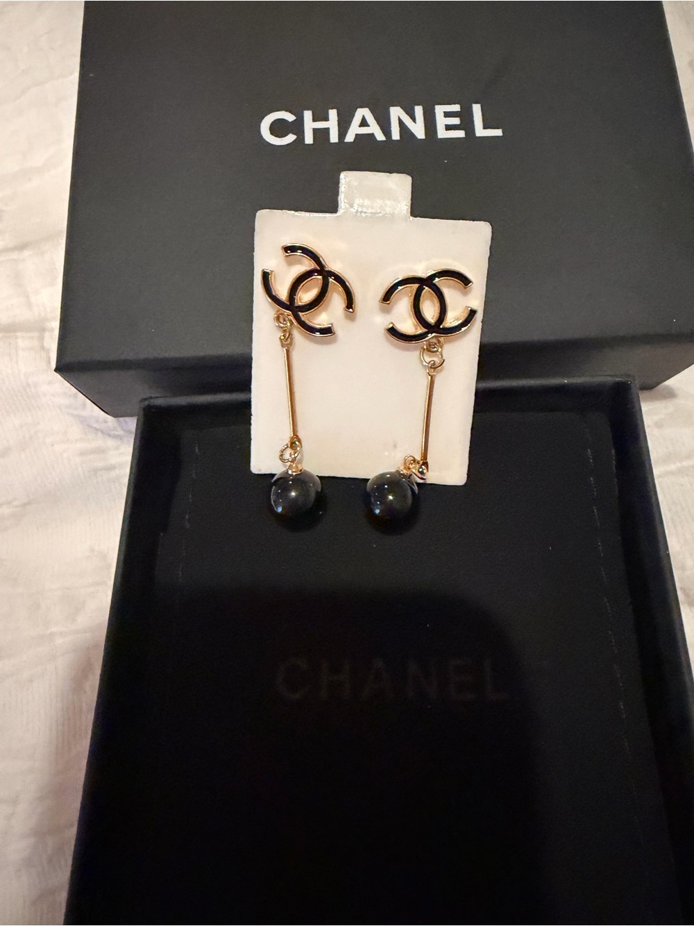 Unlisted Gold-Tone CC Style Drop Earrings with Black Beads